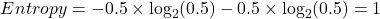 \[Entropy = -0.5 \times \log_2(0.5) - 0.5 \times \log_2(0.5) = 1\]