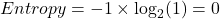\[Entropy = -1 \times \log_2(1) = 0\]